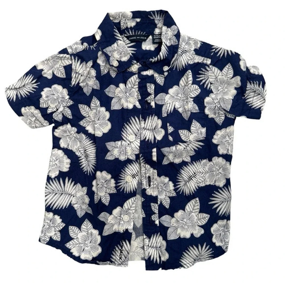 Janie and Jack Boy’s Hawaiian Aloha Shirt Blue and White Palm Print - Picture 1 of 5